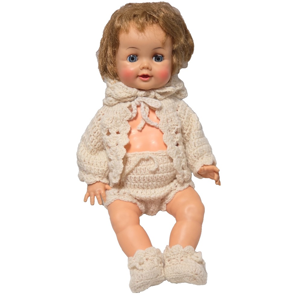 Vintage Ideal Baby Doll Pat Pending 17" Crochet Clothes Booties Bonnet